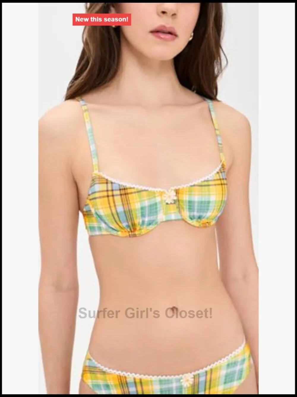Plaid Lace Trim Underwire Bikini Top with Flower Embellishment